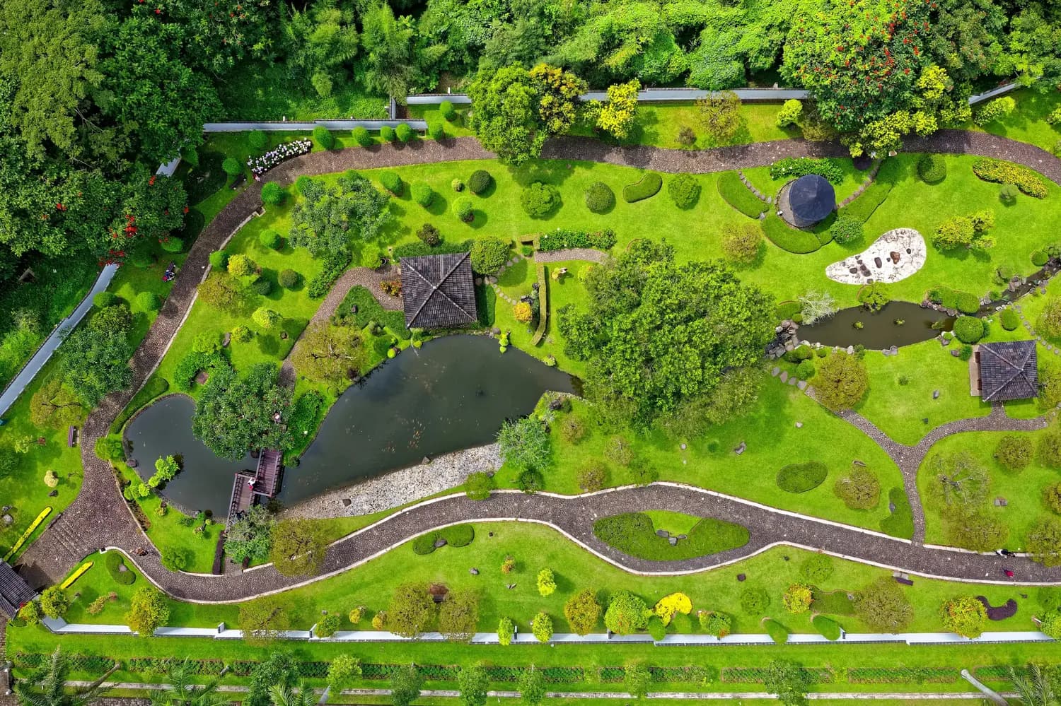 Beautiful front yard landscape design with mature trees and professional hardscaping